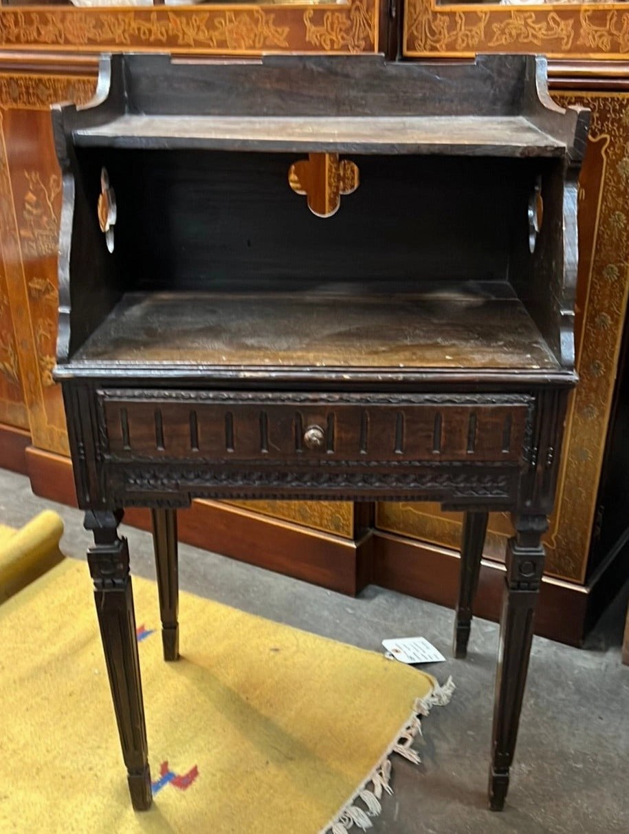 QUATREFOIL CARVED OAK LOUIS XVI 2-TIER STAND WITH DRAWER interior room decor