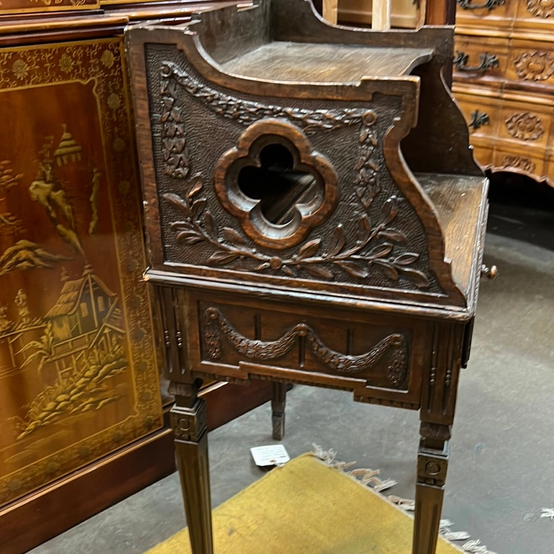 QUATREFOIL CARVED OAK LOUIS XVI 2-TIER STAND WITH DRAWER
