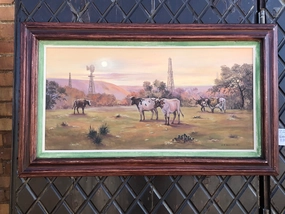 R.M. STEWART OIL PAINTING OF LONG HORNS classic mural painting