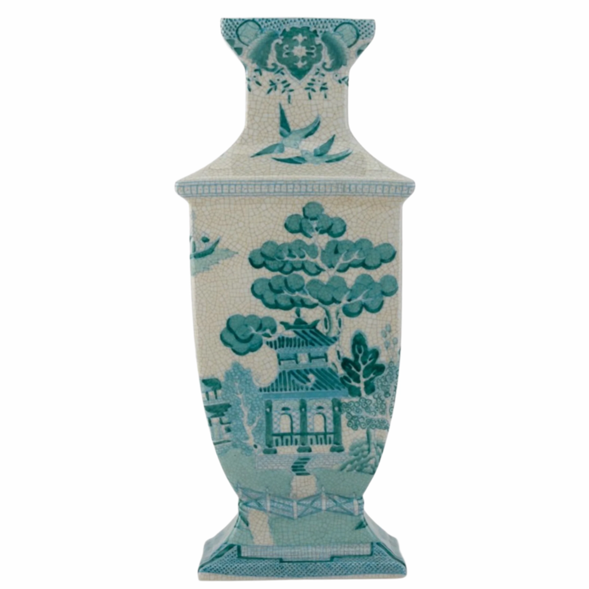 Rectangular Vase in Turquoise and White Willow Pattern