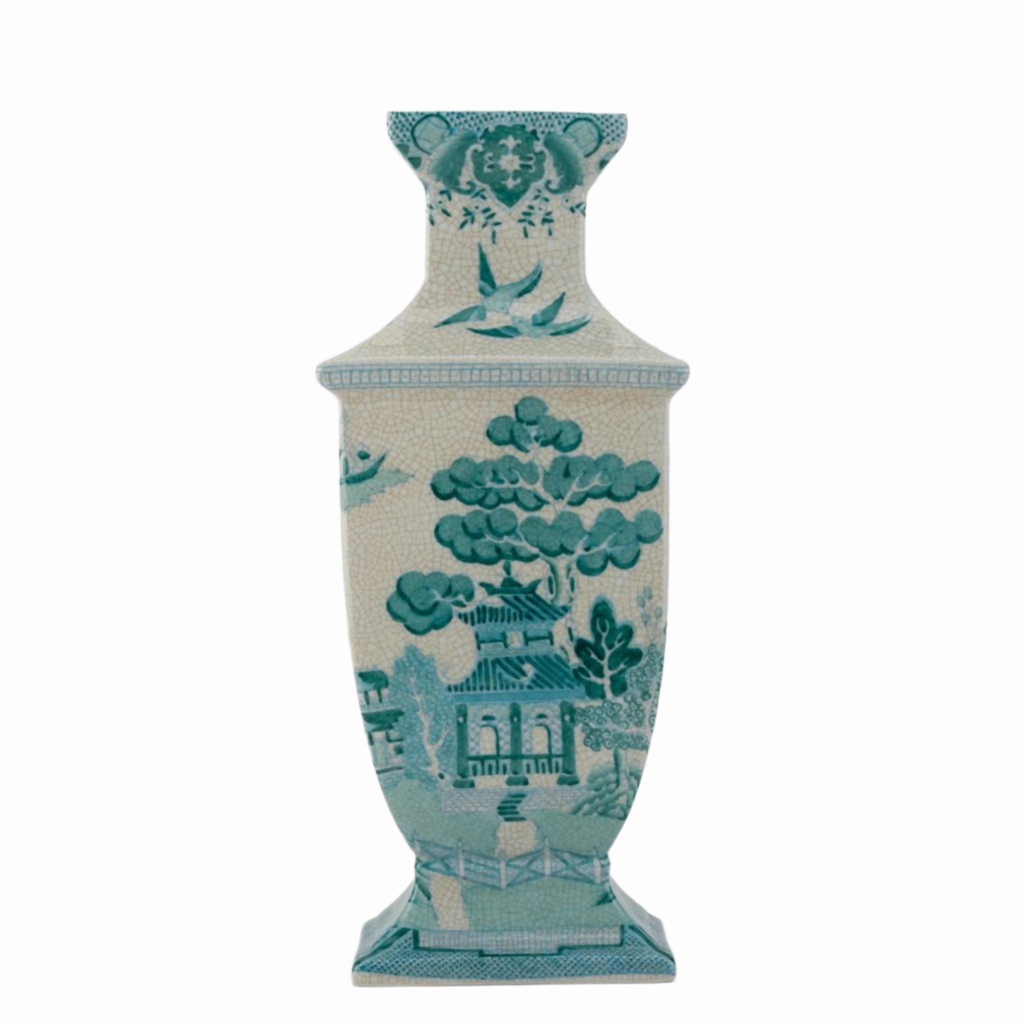 Rectangular Vase in Turquoise and White Willow Pattern