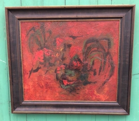 RED ABSTRACT IMPRESSIONIST OIL PAINTING OF A ROOSTER classic mural painting