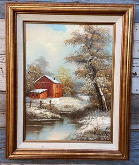 RED BARN IN THE SNOW OIL PAINTING classic mural painting