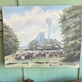 REUNION TOWER PAINTING WITH LONGHORNS classic mural painting