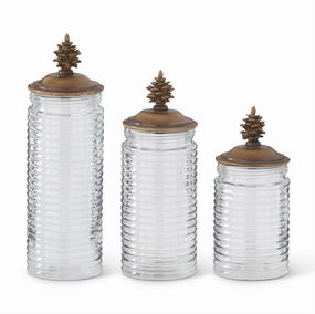 Ribbed Clear Glass Containers w/Brown Resin Pinecone Finial (Multiple Sizes) interior room decor