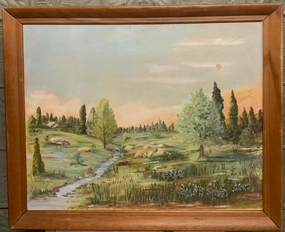 ROCKY STREAM OIL PAINTING IN FRAME - AS FOUND classic mural painting