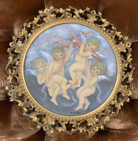 ROUND ITALIAN FANCY GOLD FRAMED CHERUB PAINTING classic mural painting