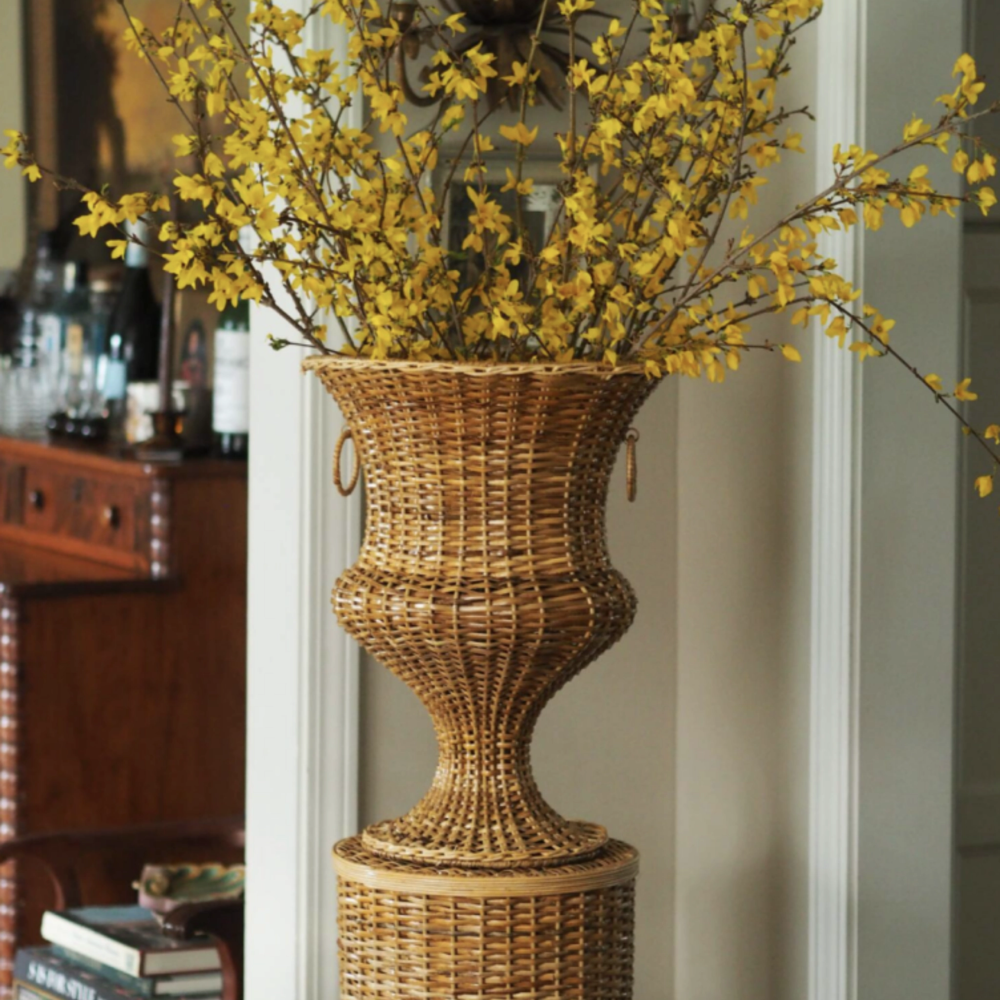 Round Wicker Urn and Pedestal