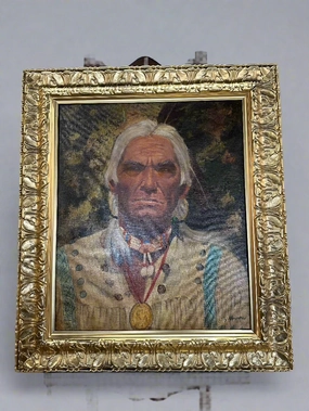 ROY HAMPTON PAINTING OF INDIAN CHIEF CANVAS ON MASONITE classic mural painting