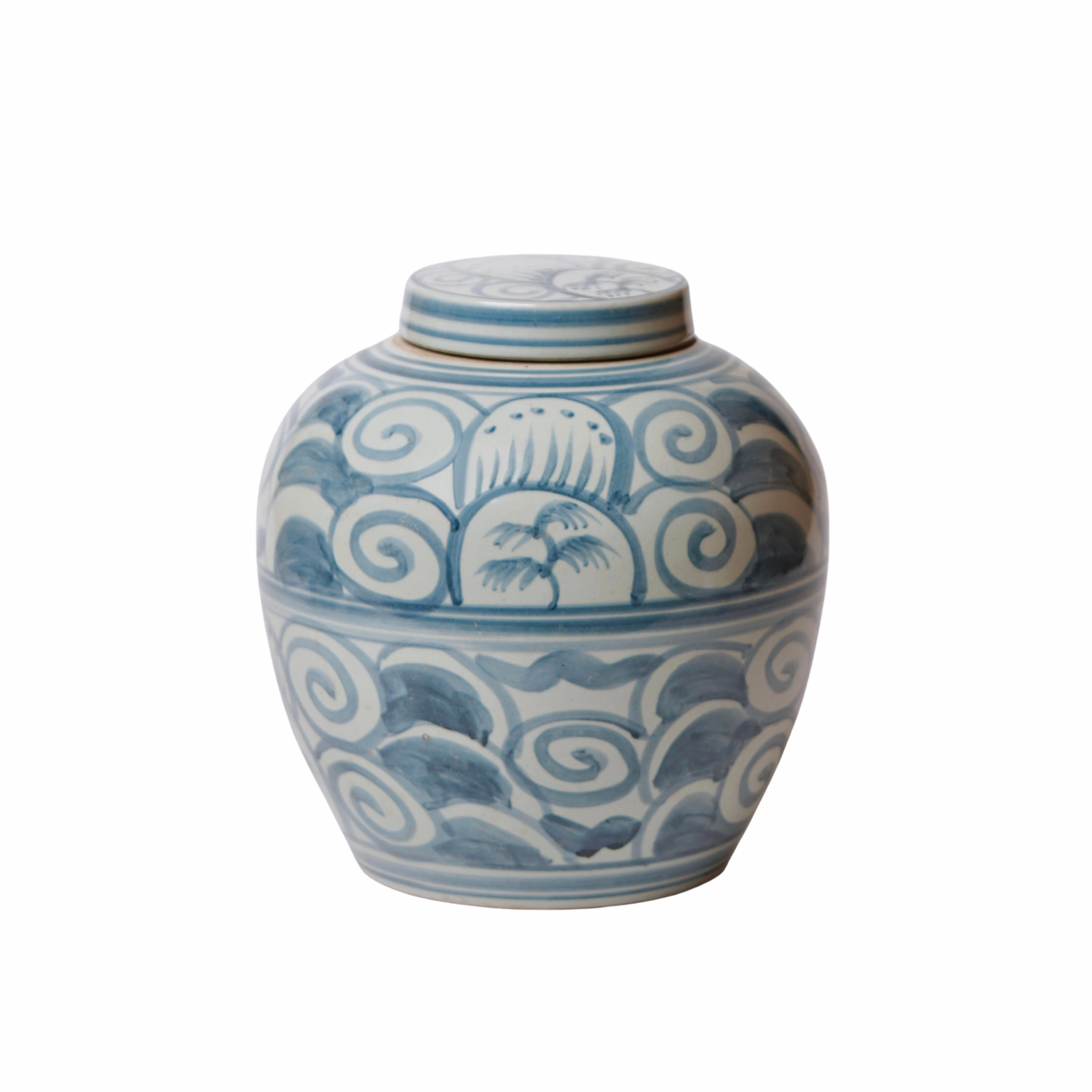 Rustic Curlicue Blue and White Porcelain Round Storage Jar home display ornament