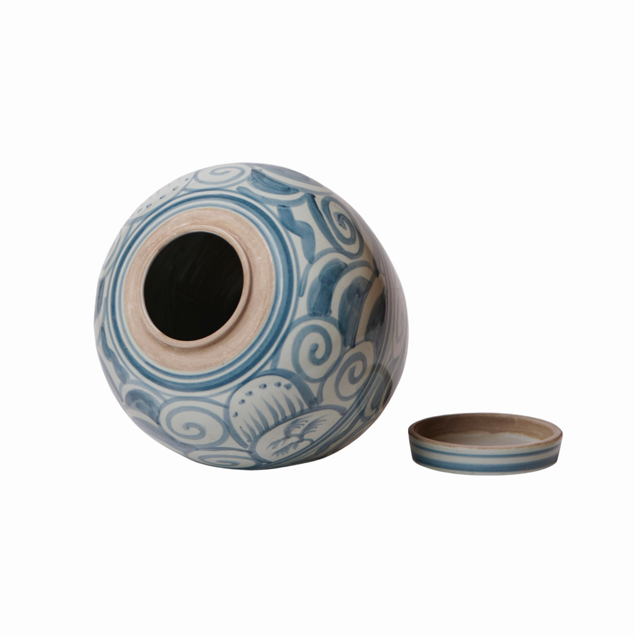 Rustic Curlicue Blue and White Porcelain Round Storage Jar