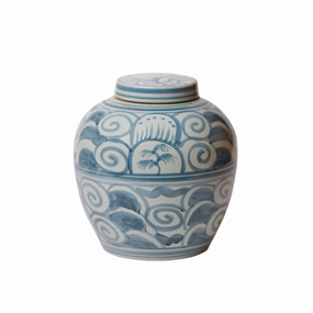 Rustic Curlicue Blue and White Porcelain Round Storage Jar home display ornament