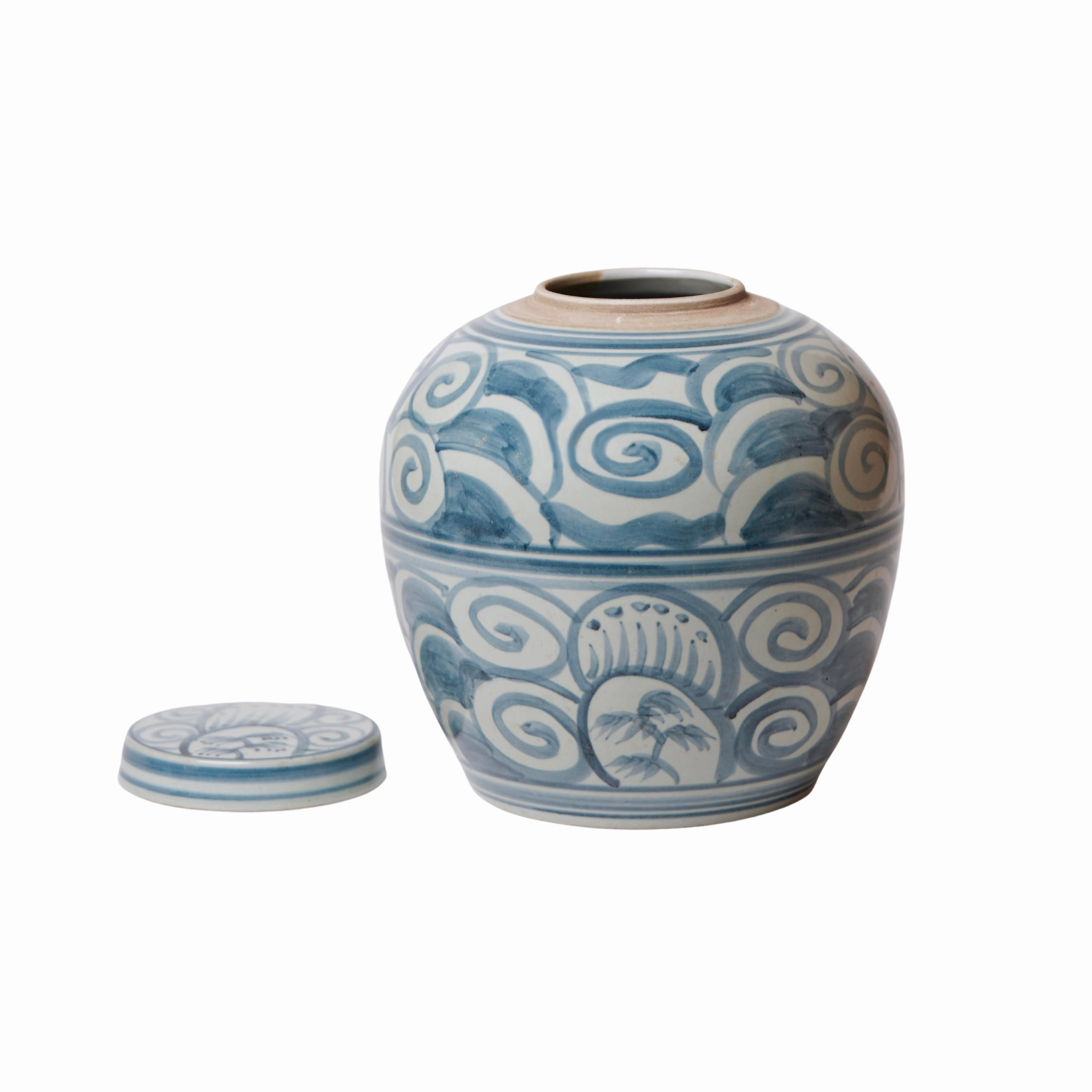 Rustic Curlicue Blue and White Porcelain Round Storage Jar