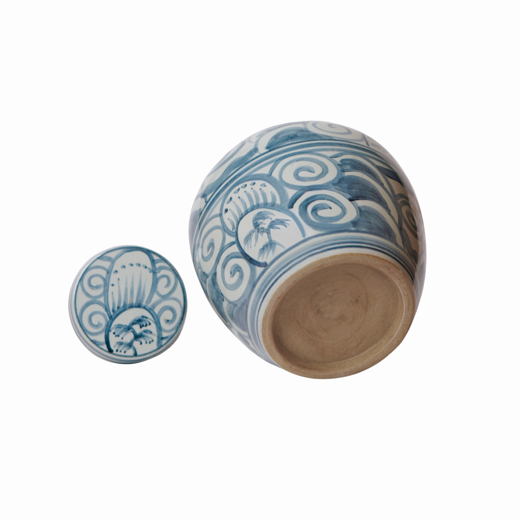 Rustic Curlicue Blue and White Porcelain Round Storage Jar