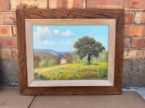 RUSTIC FRAME OIL PAINTING OF A FARM WITH WINDMILL BY ROSE KING classic mural painting