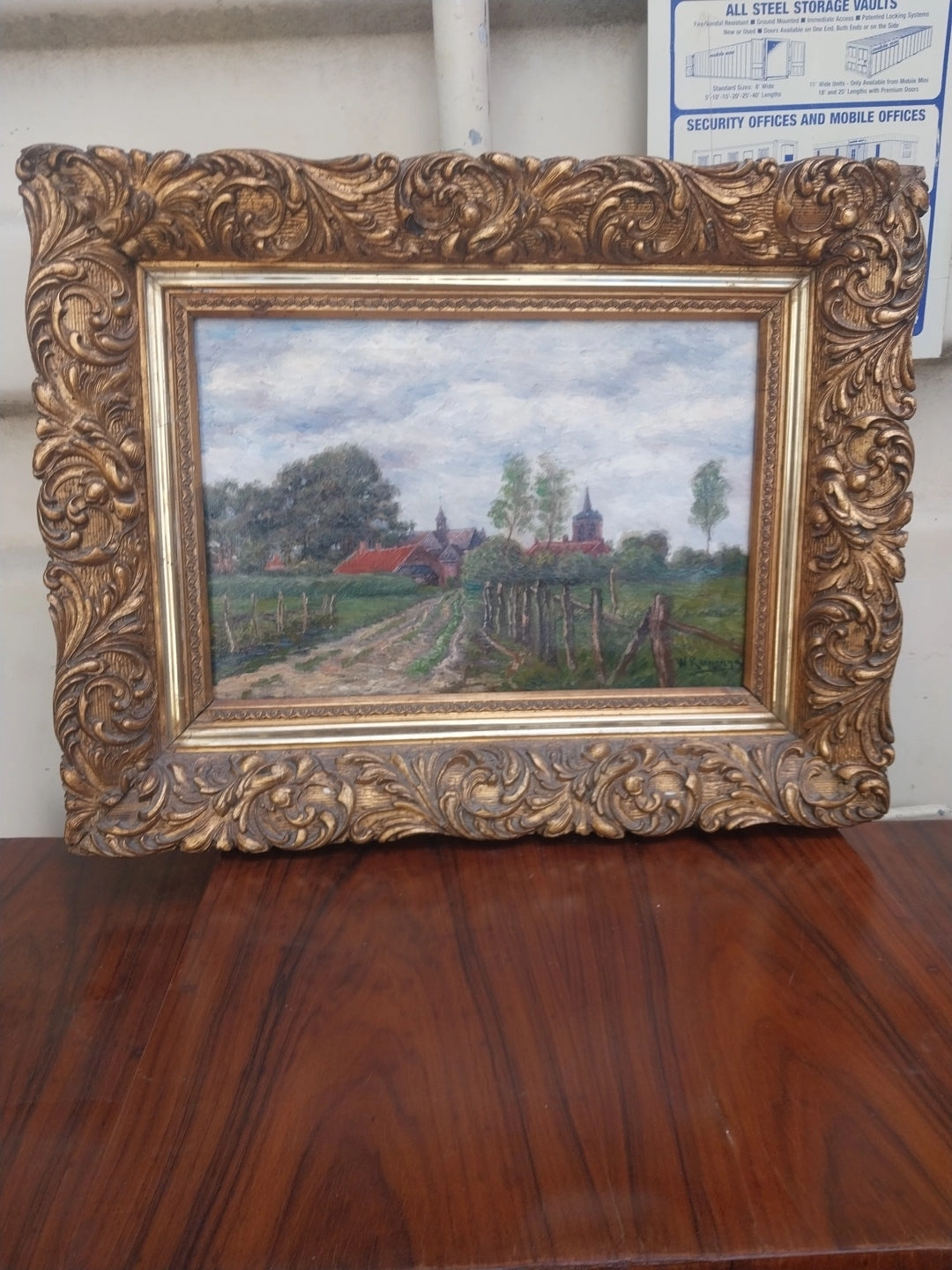 RUSTIC OIL PAINTING "CHURCH IN THE COUNTRY" IN ORNAYE GILT FRAME