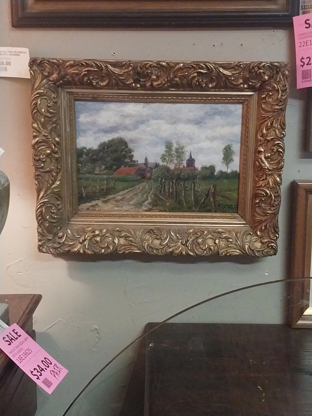 RUSTIC OIL PAINTING "CHURCH IN THE COUNTRY" IN ORNAYE GILT FRAME classic mural painting