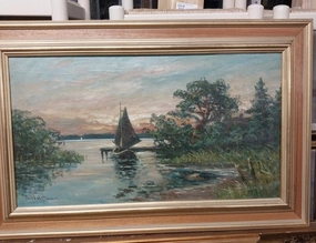 SAILBOAT AT DOCK OIL PAINTING BY WATCHHAUM classic mural painting