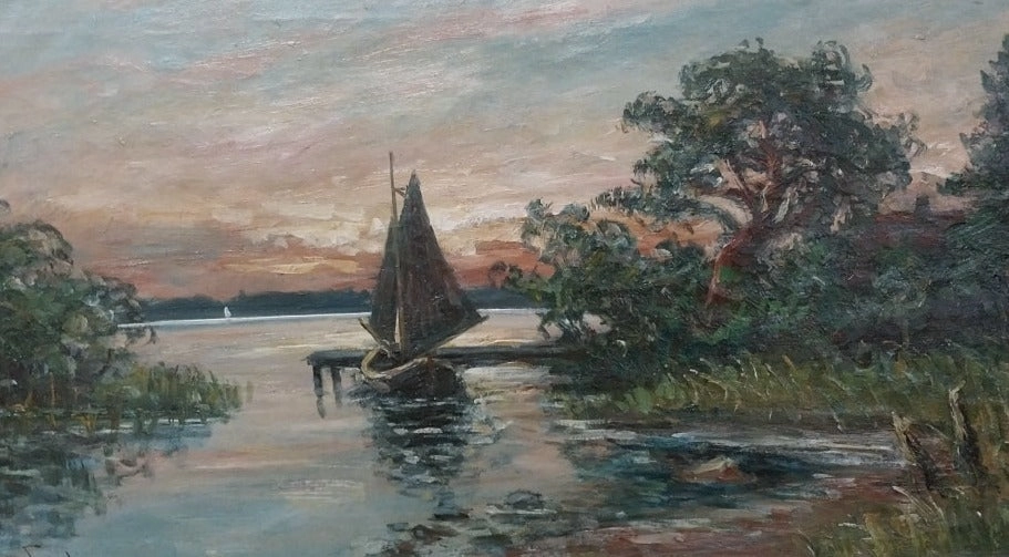 SAILBOAT AT DOCK OIL PAINTING BY WATCHHAUM