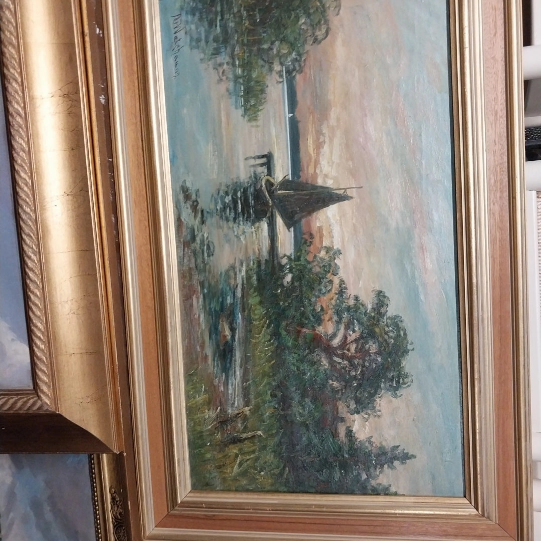SAILBOAT AT DOCK OIL PAINTING BY WATCHHAUM