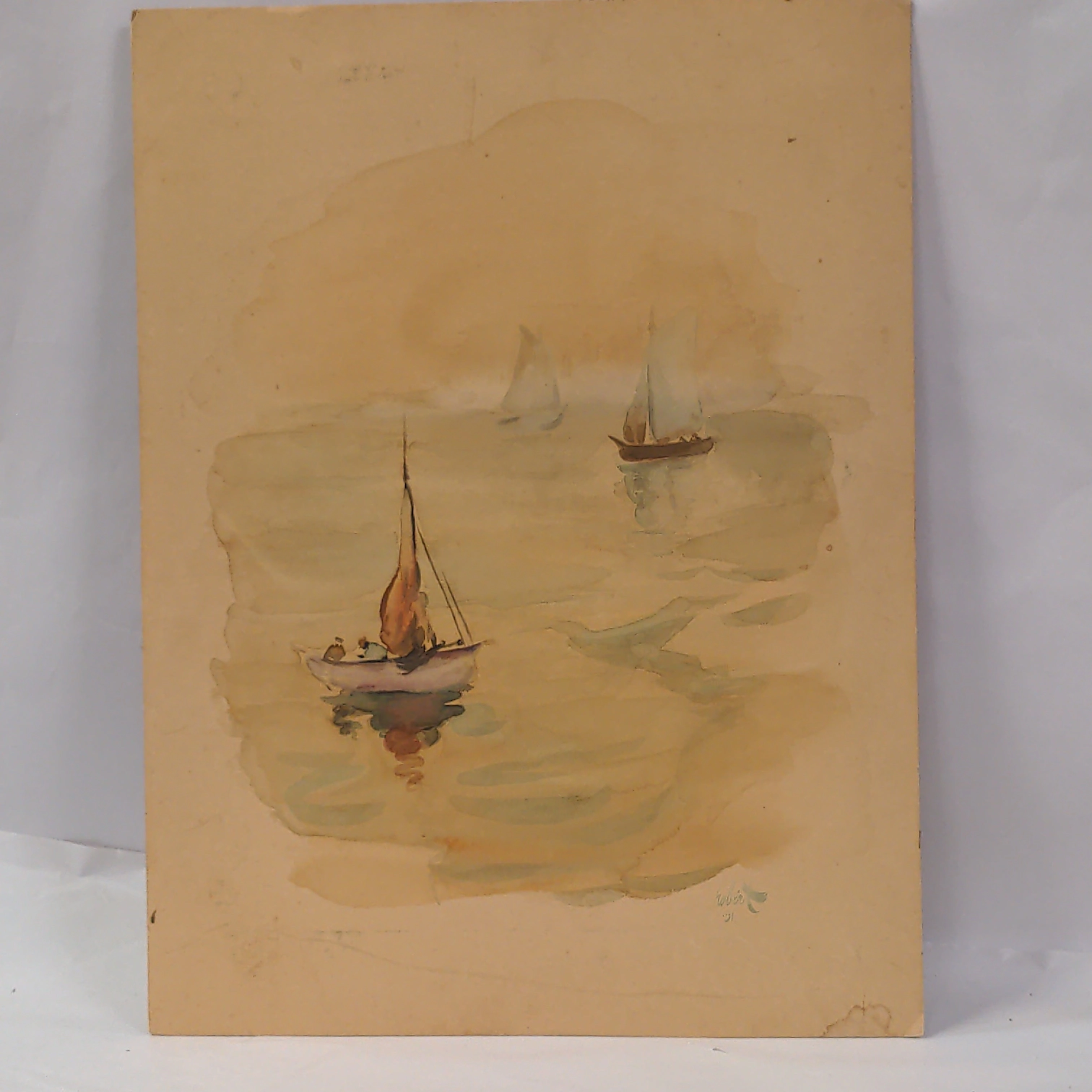 SAILBOAT WATERCOLOR ON BOARD classic mural painting