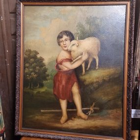 SAINT JOHN WITH LAMB OF GOD OIL PAINTING ON CANVAS  Relined and restored classic mural painting