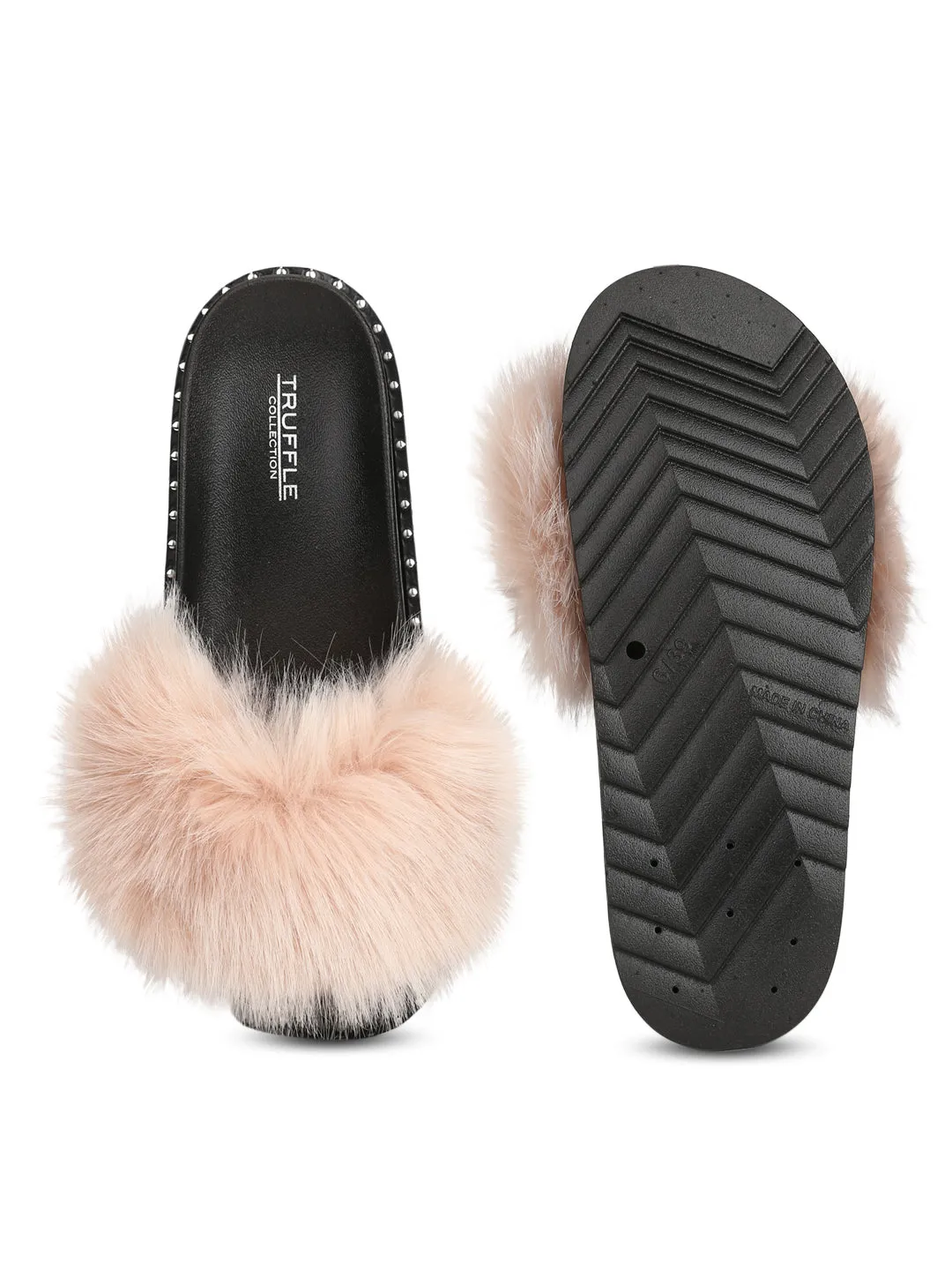Lachsrosa Glattleder-Slipper mit Fellbesatz