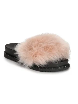 Lachsrosa Glattleder-Slipper mit Fellbesatz