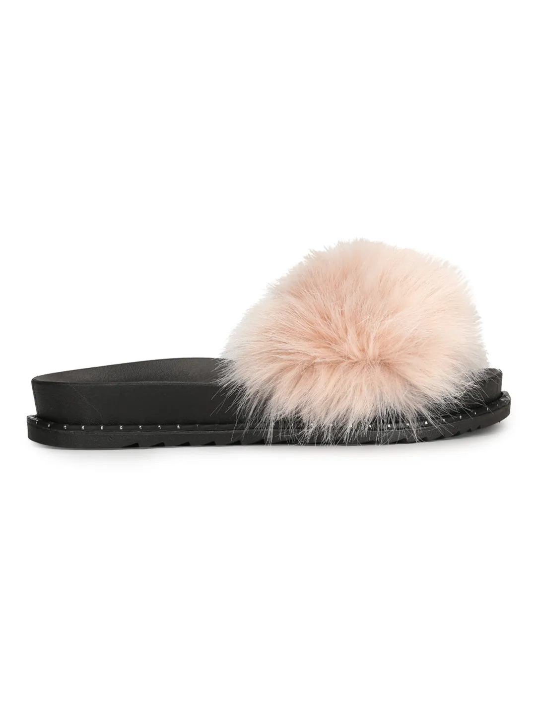 Lachsrosa Glattleder-Slipper mit Fellbesatz