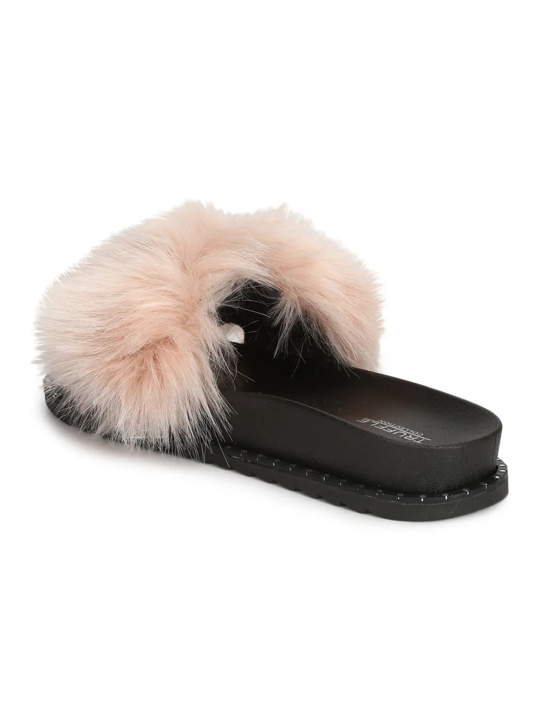 Lachsrosa Glattleder-Slipper mit Fellbesatz