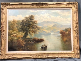SCOTTISH LANDSCAPE OIL PAINTING WITH MOUNTAINS AND LAKE SIGNED SPINKS classic mural painting