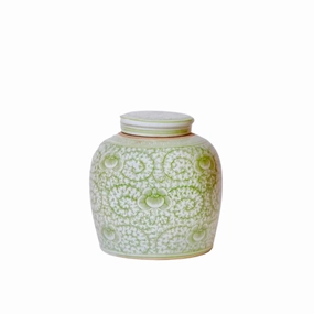Scrolling Peony Green and White Porcelain Lidded Jar home display ornament
