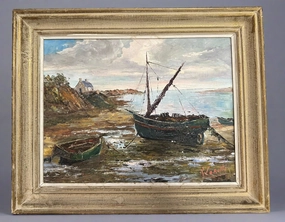 SEASIDE OIL PAINTING WITH SAILBOAT classic mural painting