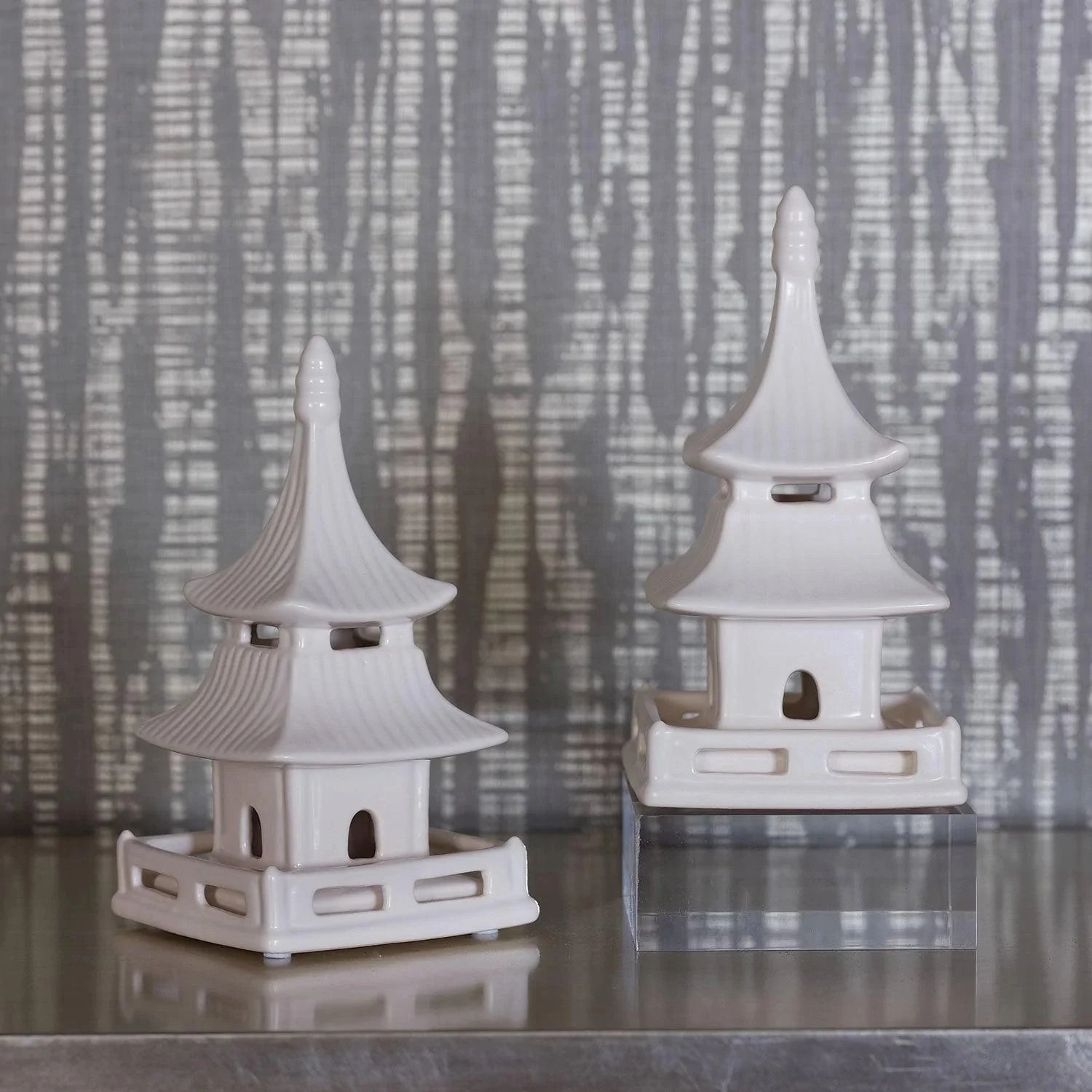 Set of 2 Short Matte White Glaze Porcelain Pagodas
