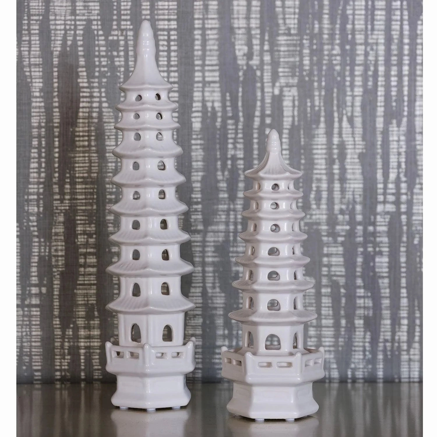 Set of 2 Tall Matte White Glaze Porcelain Pagodas