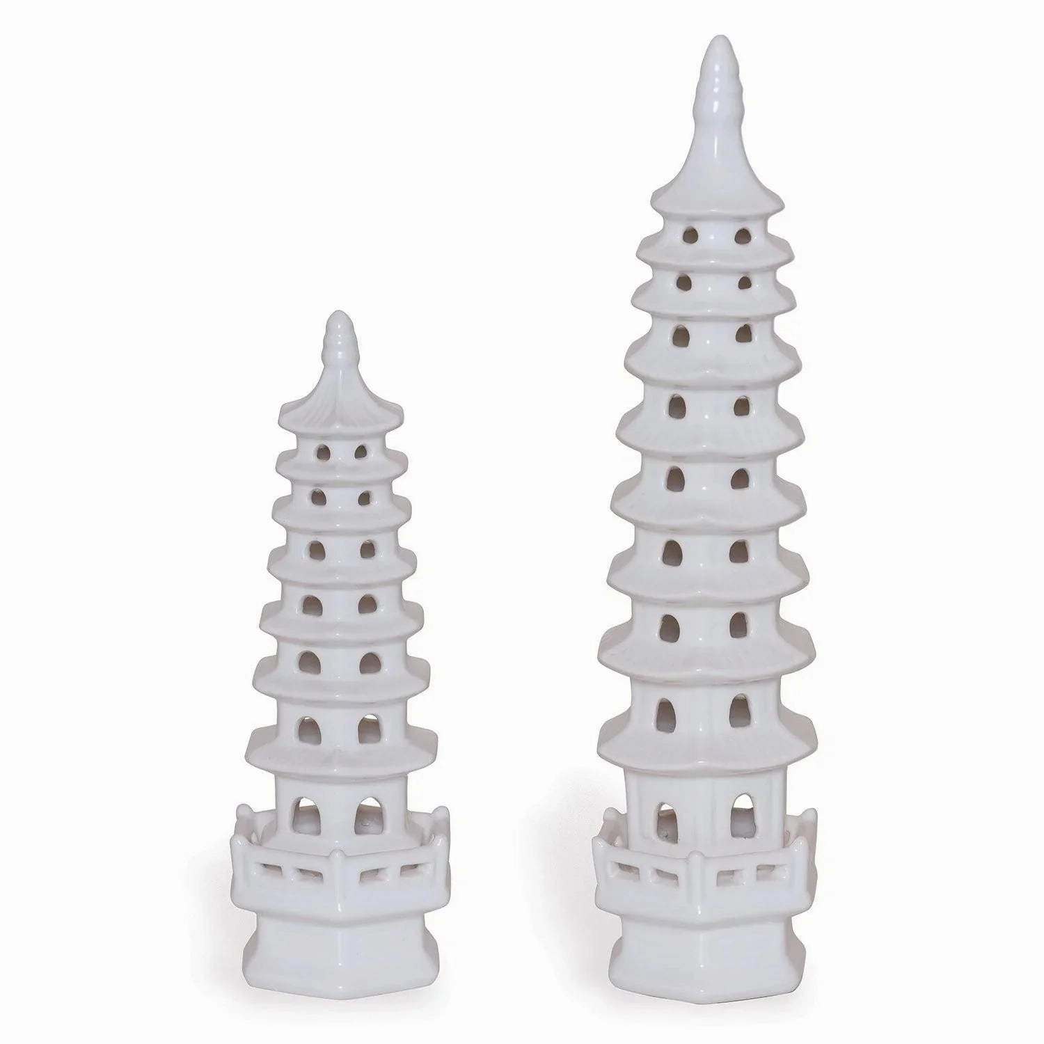Set of 2 Tall Matte White Glaze Porcelain Pagodas