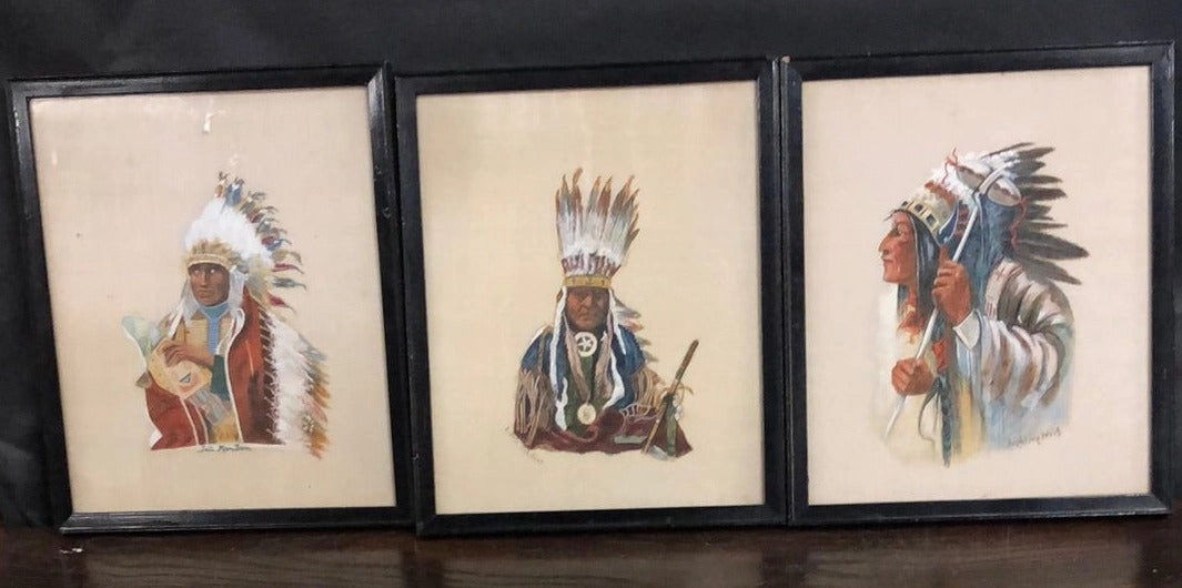 SET OF 3 INDIAN CHEIF WATERCOLORS ON LINEN classic mural painting