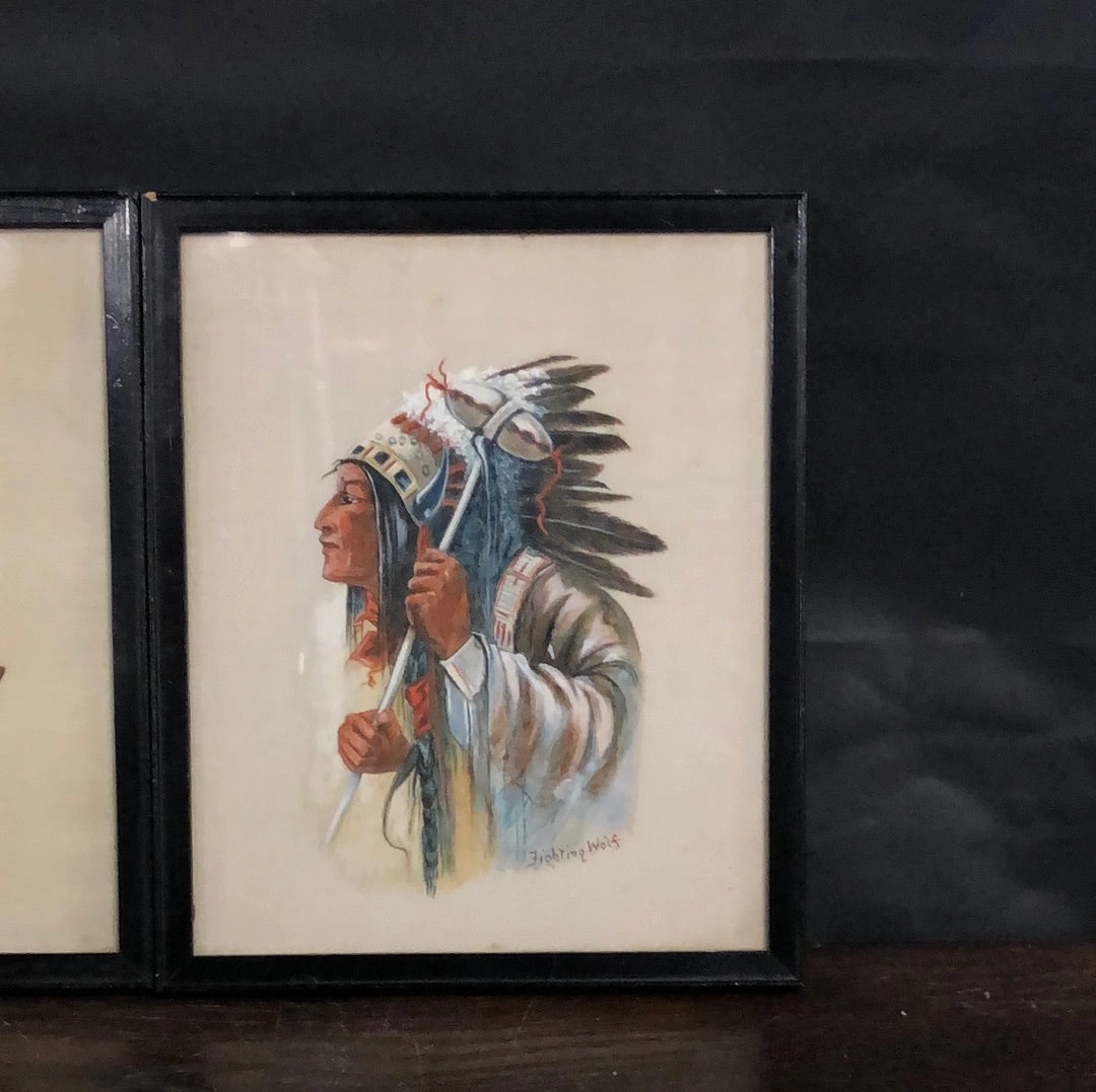 SET OF 3 INDIAN CHEIF WATERCOLORS ON LINEN