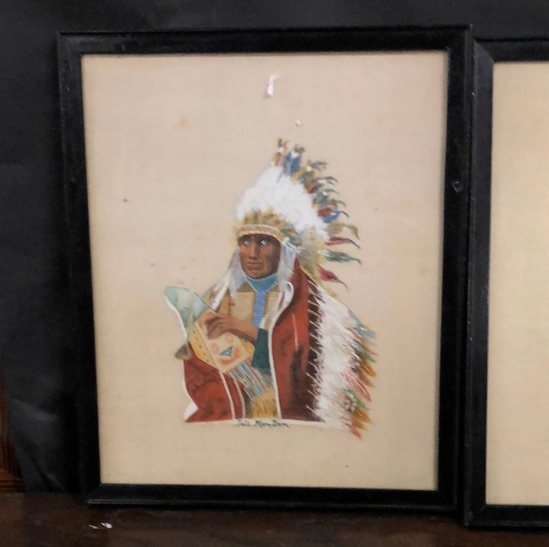 SET OF 3 INDIAN CHEIF WATERCOLORS ON LINEN