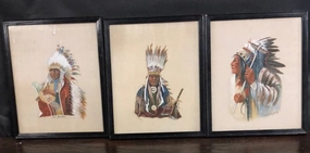 SET OF 3 INDIAN CHEIF WATERCOLORS ON LINEN classic mural painting