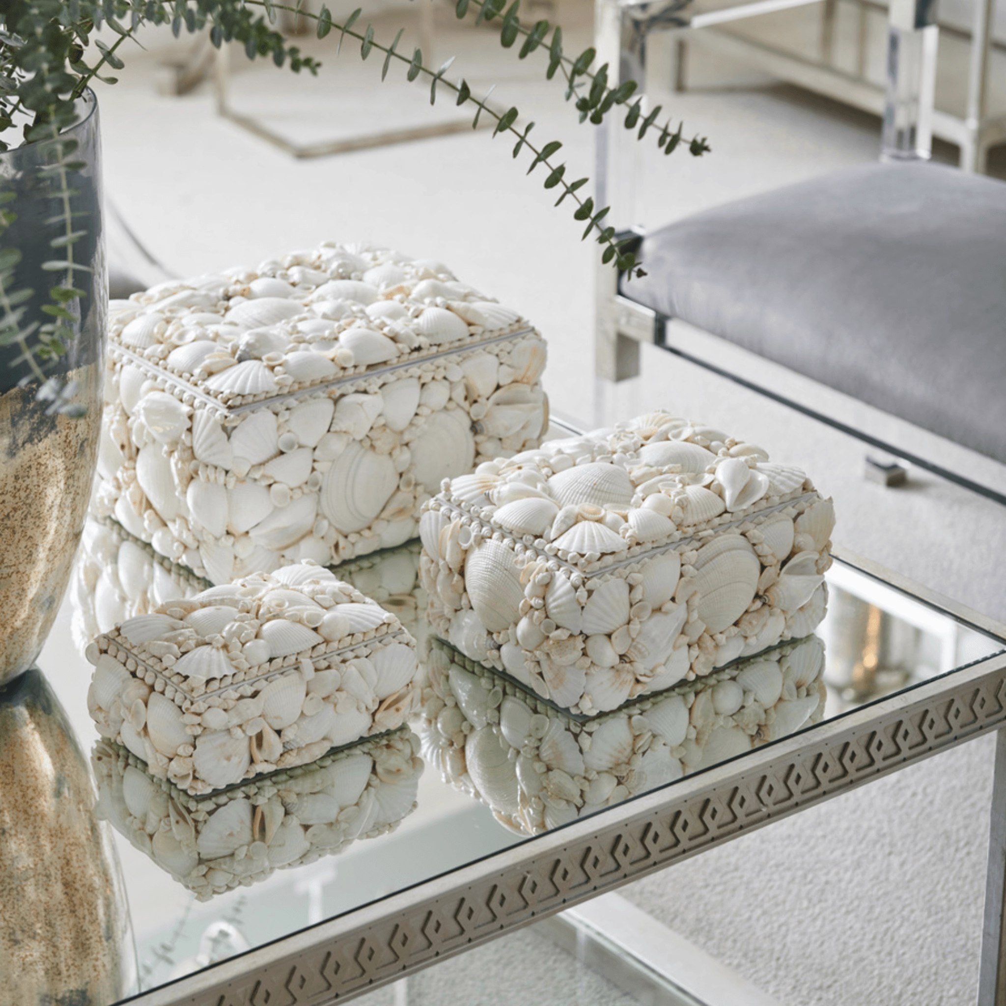 Set of 3 Natural White Decorative Shell Boxes