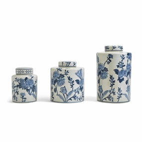 Set of 3 Porcelain Blue and White  Japanese Blossom Tea Jars With Crackle Finish home display ornament