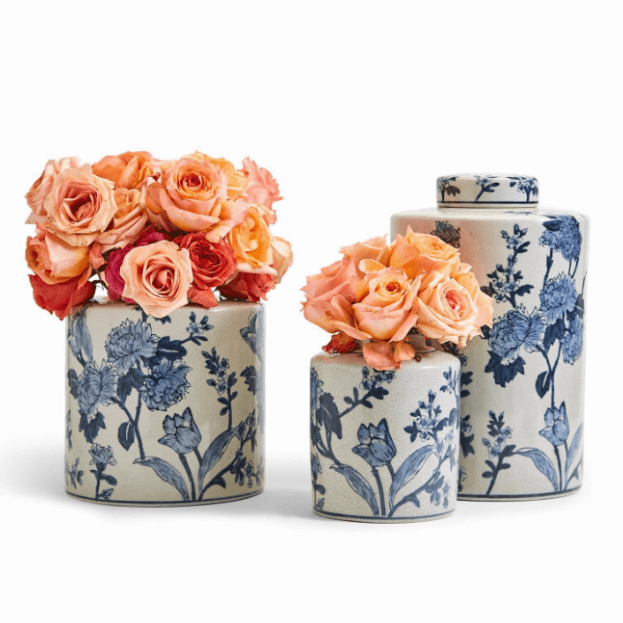 Set of 3 Porcelain Blue and White  Japanese Blossom Tea Jars With Crackle Finish