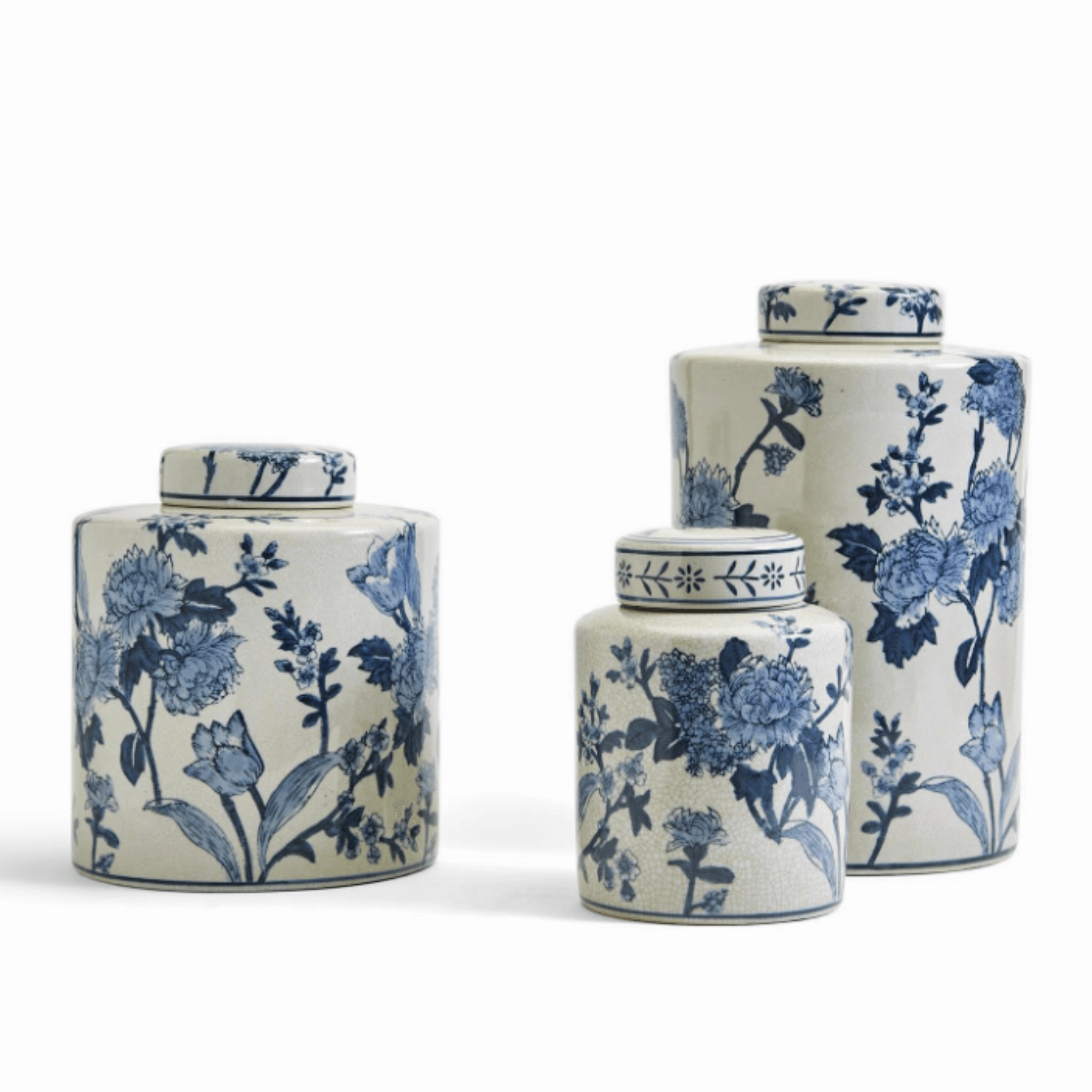 Set of 3 Porcelain Blue and White  Japanese Blossom Tea Jars With Crackle Finish