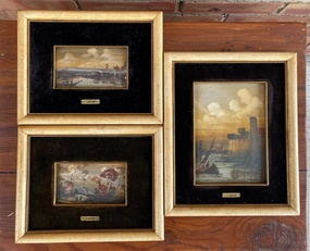 SET OF 3 SMALL SEACAPE BOAT PAINTINGS BY L. CARGNEL classic mural painting