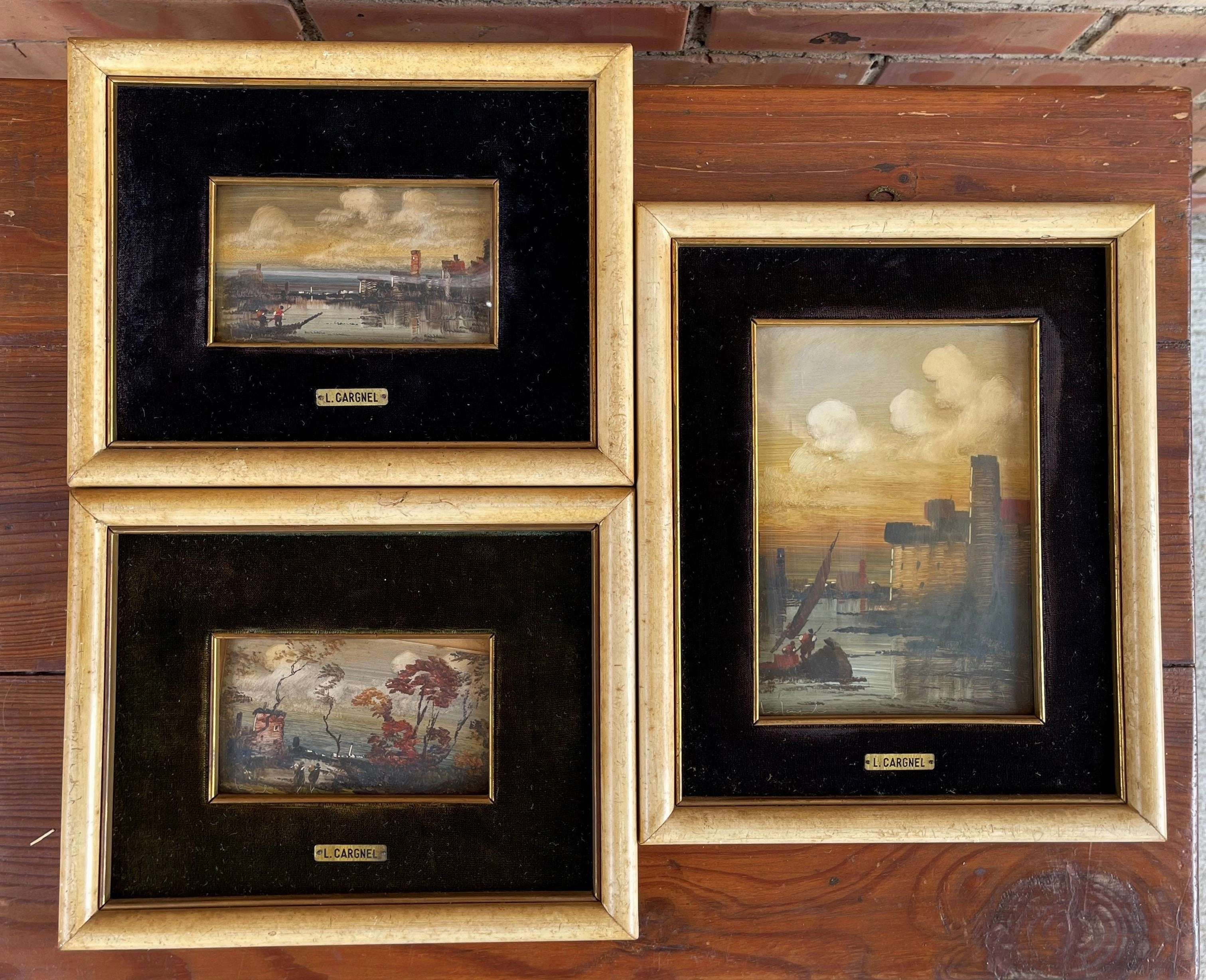 SET OF 3 SMALL SEACAPE BOAT PAINTINGS BY L. CARGNEL classic mural painting