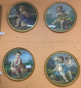 SET OF 4 SEASONS CHERUBIM OIL PAINTINGS IN ROUND GOLD FRAMES classic mural painting