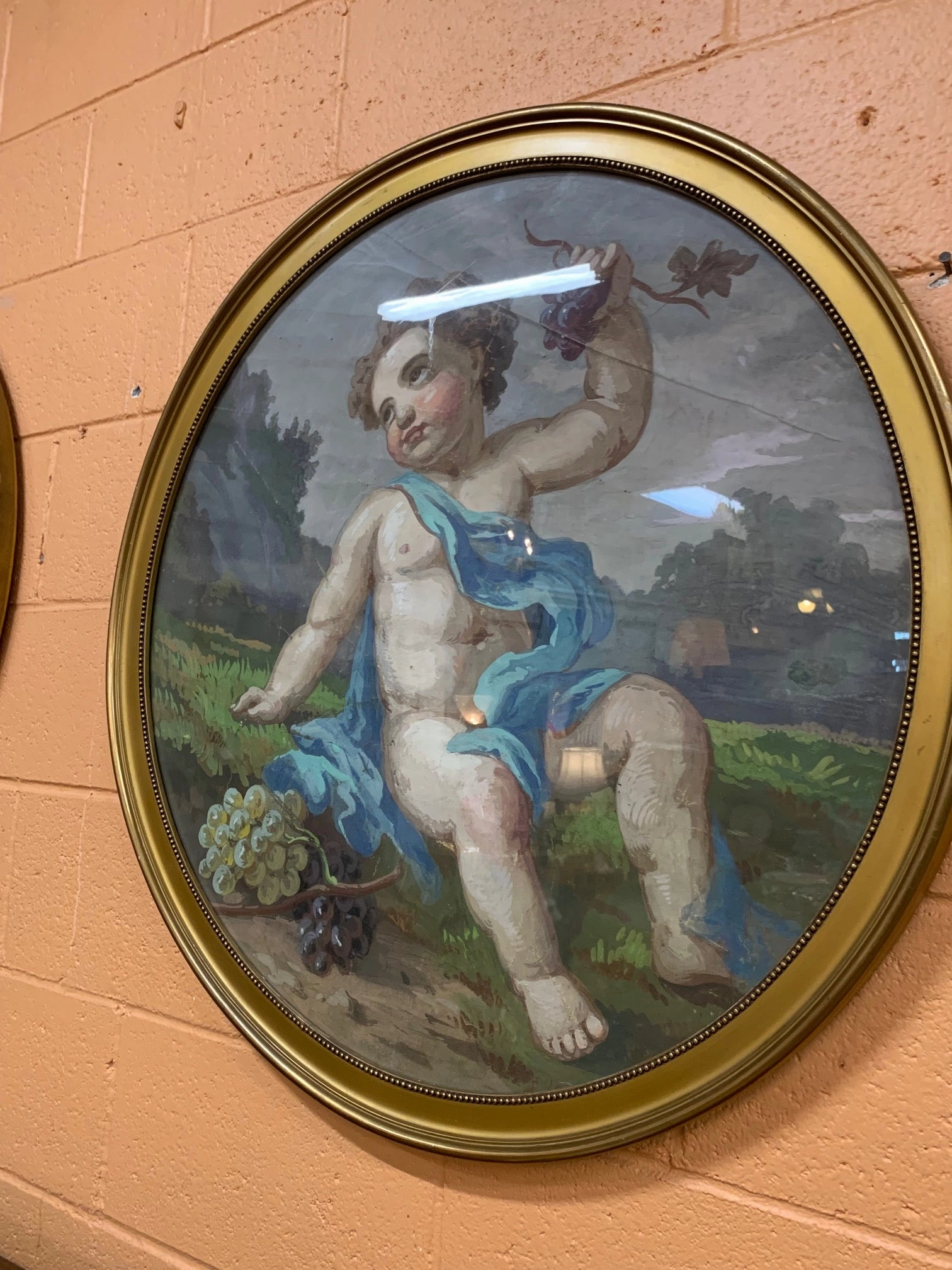 SET OF 4 SEASONS CHERUBIM OIL PAINTINGS IN ROUND GOLD FRAMES