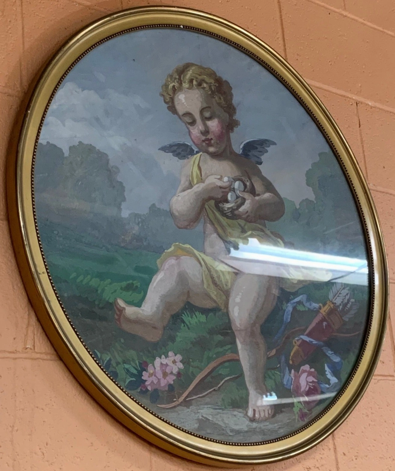 SET OF 4 SEASONS CHERUBIM OIL PAINTINGS IN ROUND GOLD FRAMES