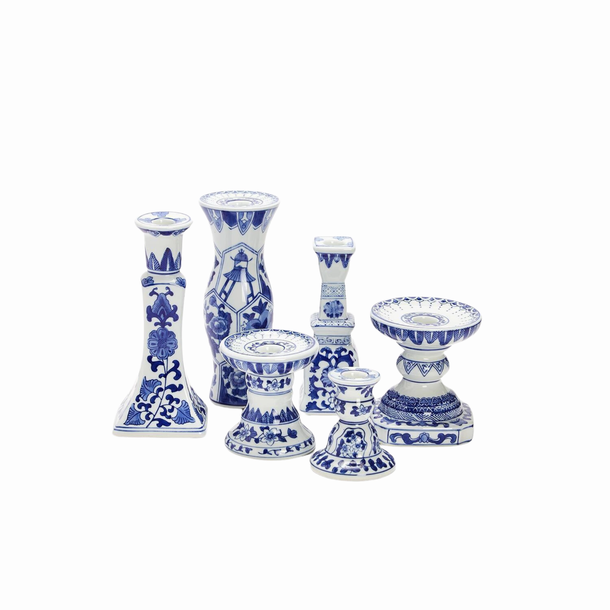 Set of 6 Canton Collection Blue and White Candleholders home display ornament